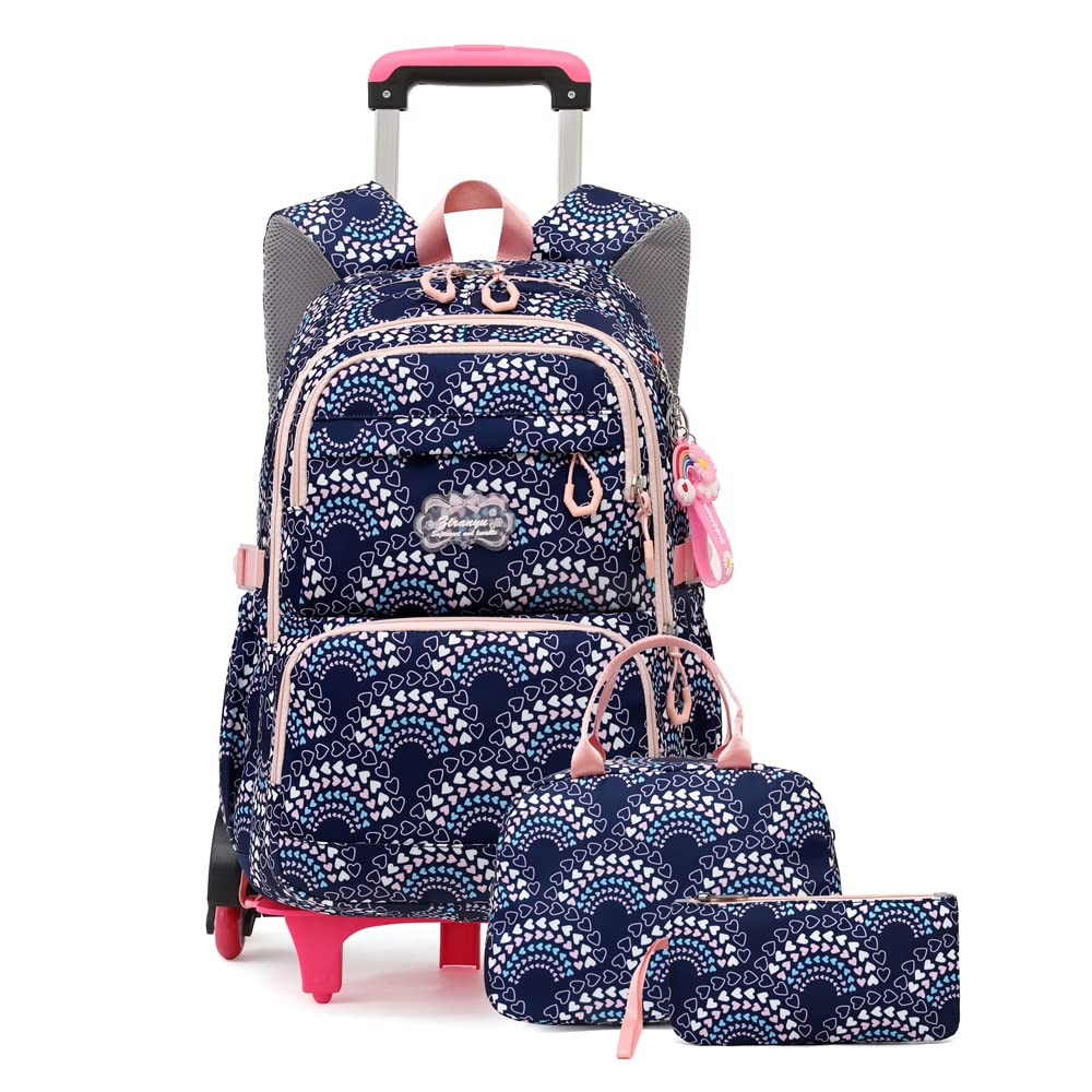 3Pcs Girls Rolling Backpack Kids Bookbag with Wheels Set Elementary Students Outdoors Trolley Schoolbag