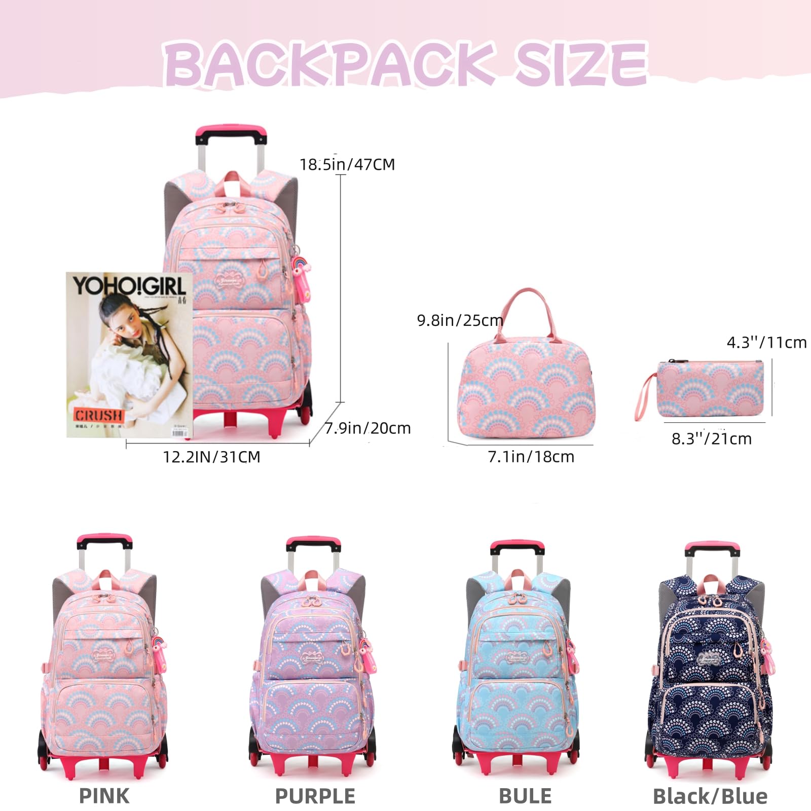 3Pcs Girls Rolling Backpack Kids Bookbag with Wheels Set Elementary Students Outdoors Trolley Schoolbag