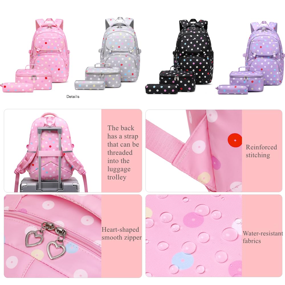 Armbq Polka-dot Print Backpacks for Girls with Lunch Box Teenage School Bookbag Set for Elementary Middle Student Travel Bag