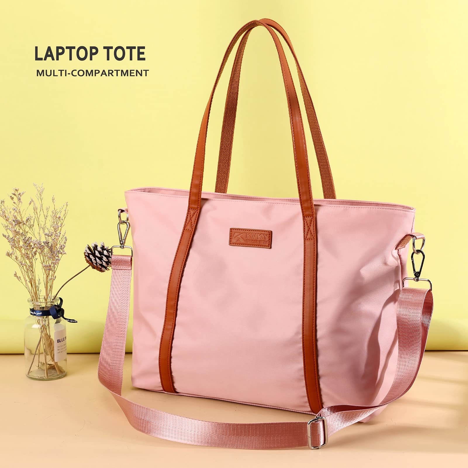 Laptop Bag Waterproof Lightweight Tote Bag for Women Nylon Briefcase Computer Work Shoulder Handbag Fits 15.6 inch Laptop with Trolley Sleeve (Pink)