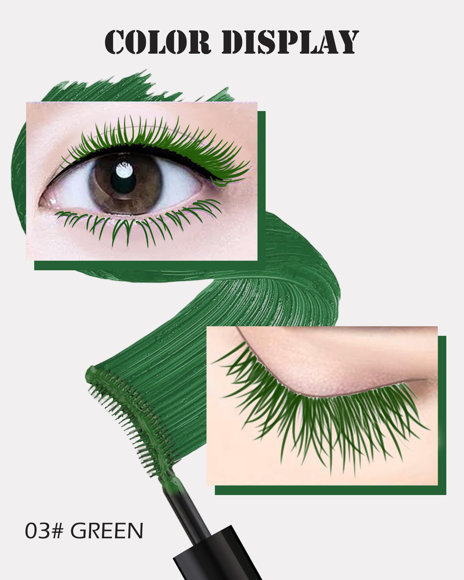 Waterproof Green Mascara Volume and Length,Long Lasting Non Clumping Curling Voluminous Colored Mascara for Eyelashes, Colorful Volumizing Tubing Mascara for Women Eye Makeup Cosplay Party-03