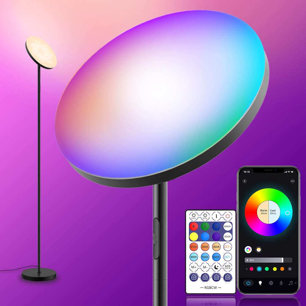 YHW Living Room Floor Lamp, Smart 2000LM Bright Floor LED Lamps, 16 Million RGB Dimmable Color Temperature Standing Tall Lamp with Remote Touch Button, Adjustable Angle Floor Lamp for Bedroom Office.