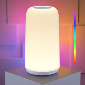 ROOTRO Touch Bedside Table Lamp, [Sleek Design & RGB Mode] 3 Way Dimmable Small Lamp for Bedroom, LED Lamp with Warm White Lights, Multi-Color Smart Nightstand Lamp for for Living Room Home Gifts