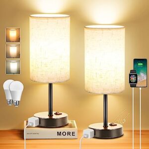 zjojo table lamp for bedroom, bedside table lamps set of 2, small lamp with 3 way dimmable desk lamp using rocker switch, nightstand lamp with ac outlets for living room home decor