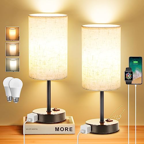 ZJOJO Table Lamp for Bedroom, Bedside Table Lamps Set of 2, Small Lamp with 3 Way Dimmable Desk Lamp Using Rocker Switch, Nightstand Lamp with AC Outlets for Living Room Home Decor