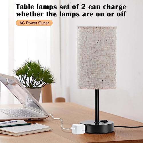 ZJOJO Table Lamp for Bedroom, Bedside Table Lamps Set of 2, Small Lamp with 3 Way Dimmable Desk Lamp Using Rocker Switch, Nightstand Lamp with AC Outlets for Living Room Home Decor