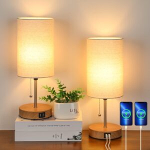 set of 2 table lamps with 2 usb ports, modern bedside, desk lamps with pull chain, nightstand lamps with cream fabric shade and oak metal base for living room bedroom office reading dorm hotel