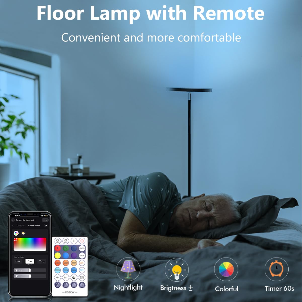 YHW Living Room Floor Lamp, Smart 2000LM Bright Floor LED Lamps, 16 Million RGB Dimmable Color Temperature Standing Tall Lamp with Remote Touch Button, Adjustable Angle Floor Lamp for Bedroom Office.