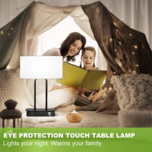 Bedside Touch Control Table Lamp with Dual USB Charging Ports 1 AC Outlet, 3 Way Dimmable Modern Nightstand Lamp with White Fabric Shade, Desk Lamp for Bedroom Living Room Office with 5000K LED Bulb