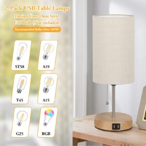 Set of 2 Table Lamps with 2 USB Ports, Modern Bedside, Desk Lamps with Pull Chain, Nightstand Lamps with Cream Fabric Shade and Oak Metal Base for Living Room Bedroom Office Reading Dorm Hotel