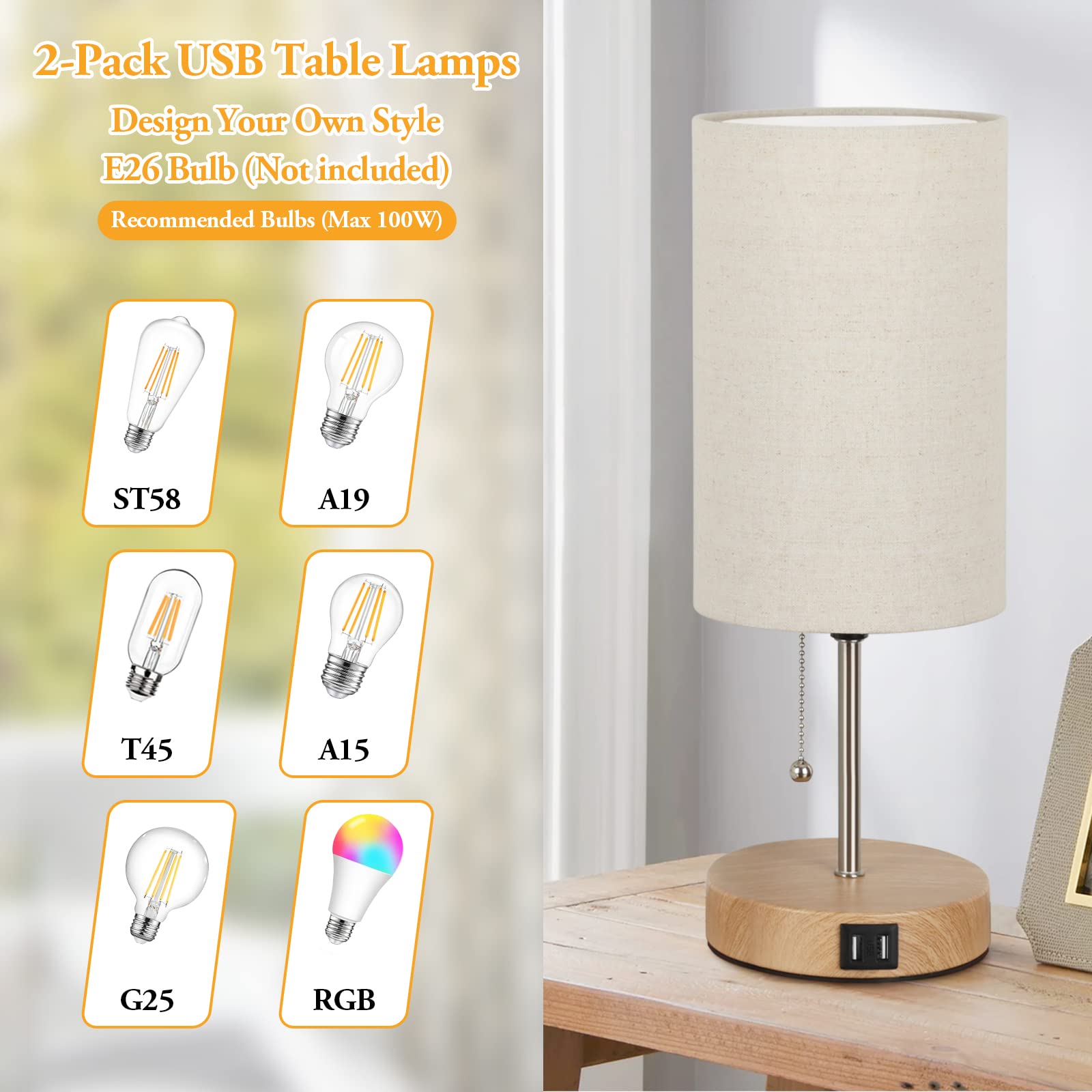 Set of 2 Table Lamps with 2 USB Ports, Modern Bedside, Desk Lamps with Pull Chain, Nightstand Lamps with Cream Fabric Shade and Oak Metal Base for Living Room Bedroom Office Reading Dorm Hotel