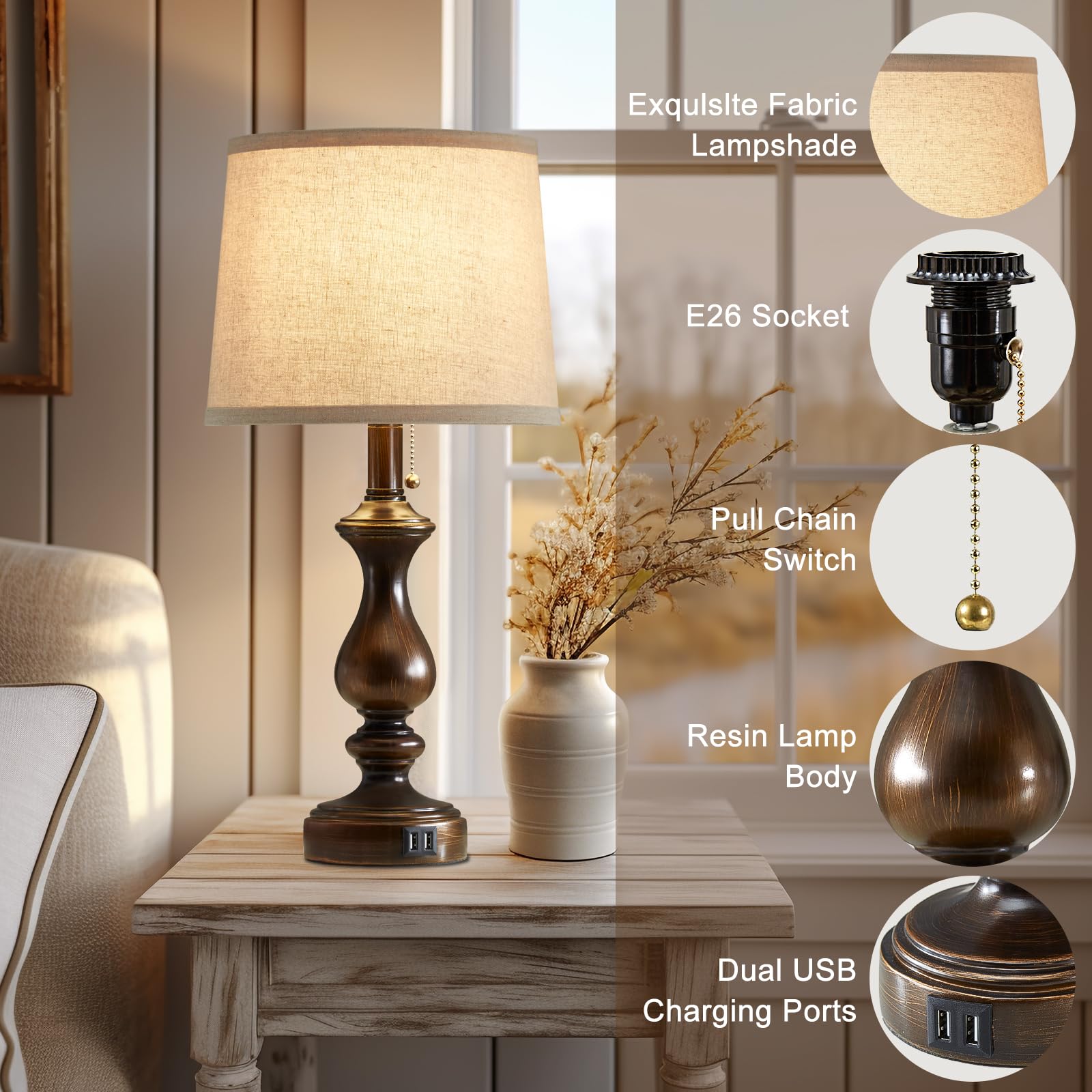 Drawealth Table Lamps Set of 2 Farmhouse Bedside Lamps for Nightstand with USB Charging Ports Traditional Small Side Table Lamps for Bedroom Living Room End Tables, Brown, Pull Chain, 21.75''