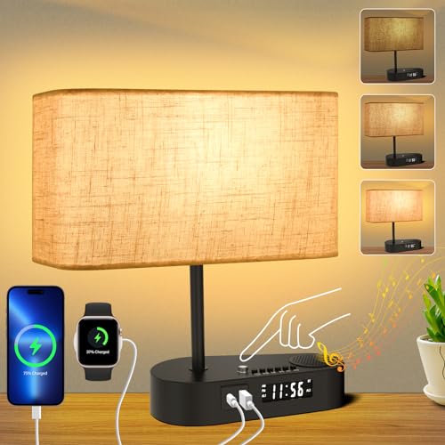 Lotelu Table lamp with USB A & C Charging Ports, Modern Bedside Lamps with Alarm Clock & Speakers - 3 Way Dimmable Desk Touch Lamp for Nightstand, Bedroom, Living Room, Office (LED Bulb Included)