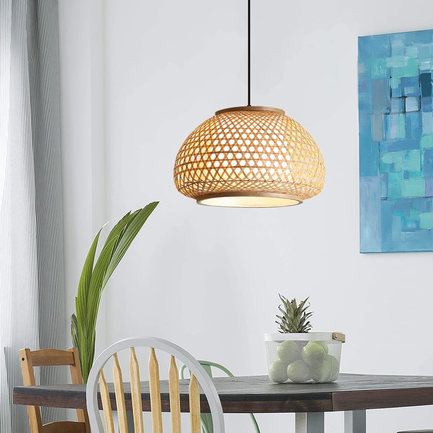 KWOKING Lighting Handmade Flush Mount Ceiling Light Retro Bamboo Dome Shade Pendant Light 1 Light Woven Hanging Lamp for Dining Table,Restaurant - 23.5"