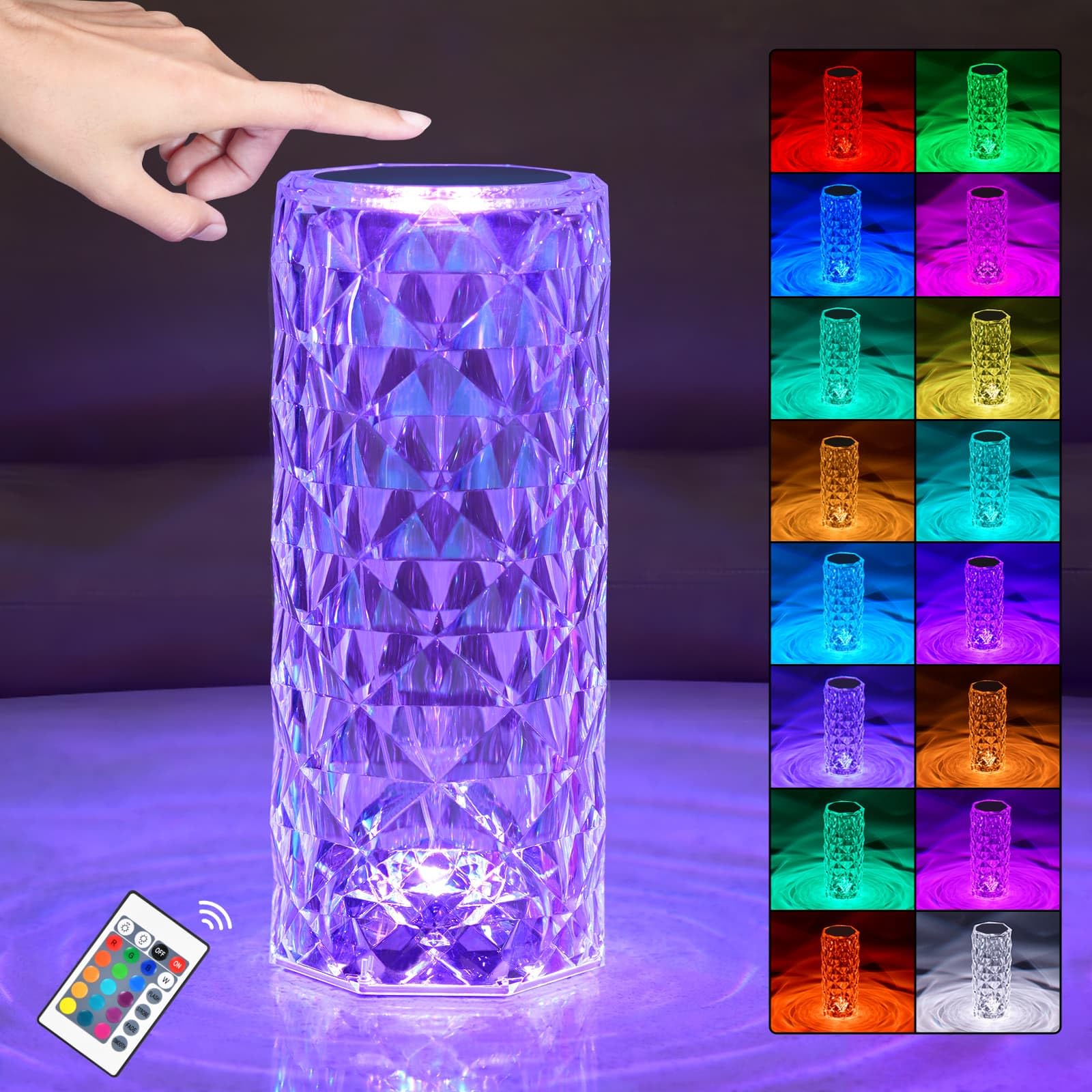 ZsIturey 16 RGD Color Changing Crystals Small Table Lamp Rose Diamond Touch Lamp Romantic Dimmable LED Night Light Festive Atmosphere Light USB Charging Night Light, Bedroom, Dining, Party, Bar