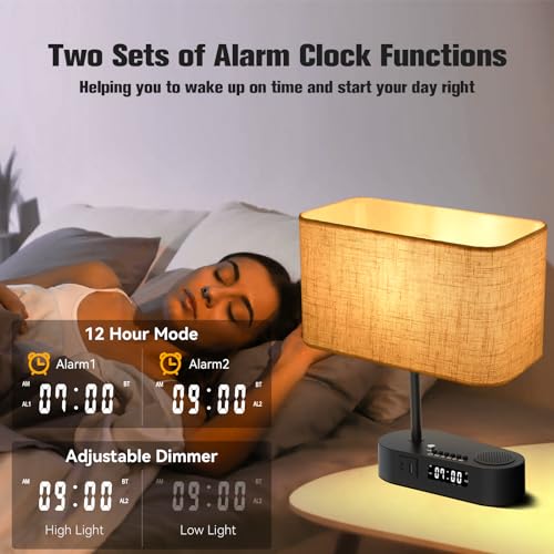 Lotelu Table lamp with USB A & C Charging Ports, Modern Bedside Lamps with Alarm Clock & Speakers - 3 Way Dimmable Desk Touch Lamp for Nightstand, Bedroom, Living Room, Office (LED Bulb Included)