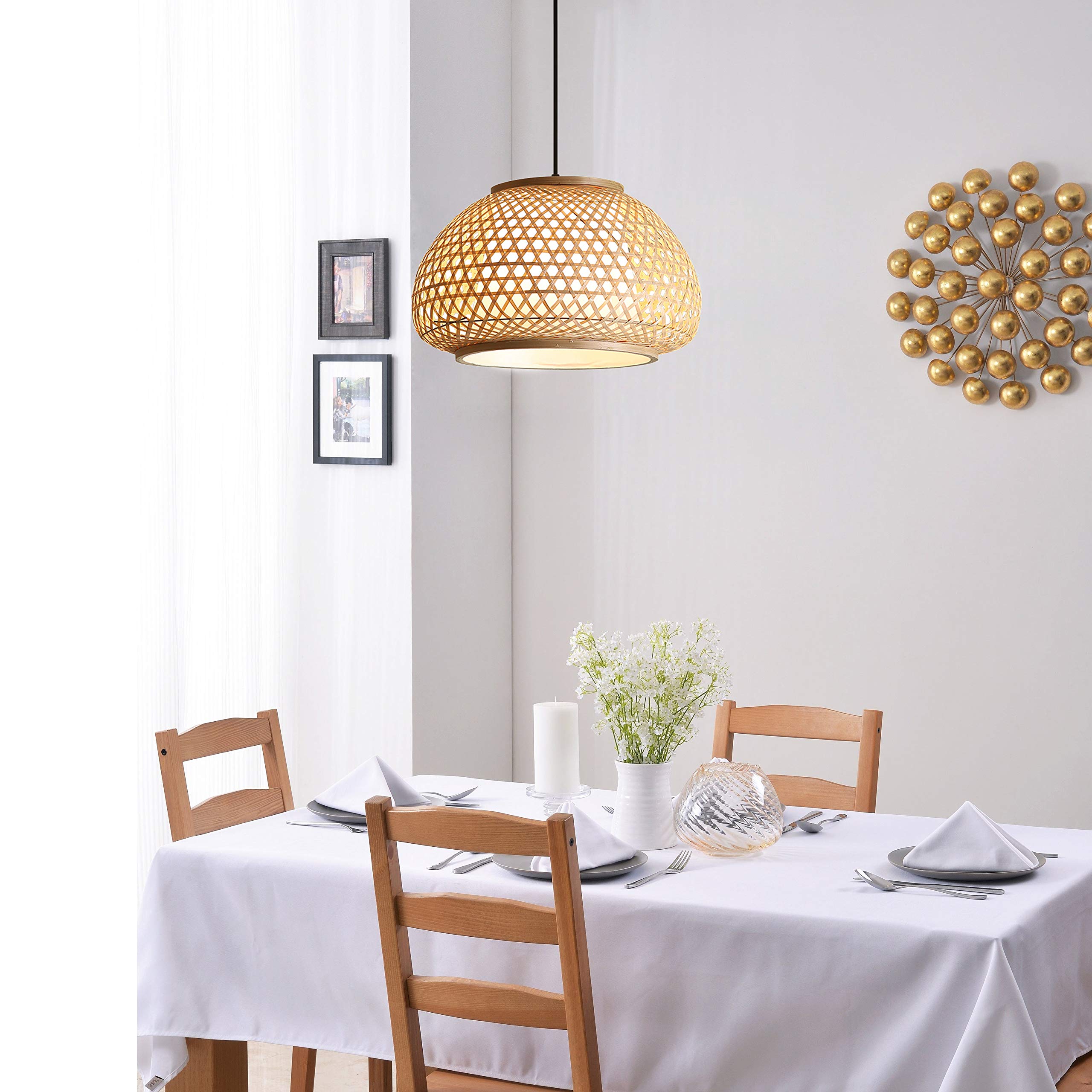 KWOKING Lighting Handmade Flush Mount Ceiling Light Retro Bamboo Dome Shade Pendant Light 1 Light Woven Hanging Lamp for Dining Table,Restaurant - 23.5"