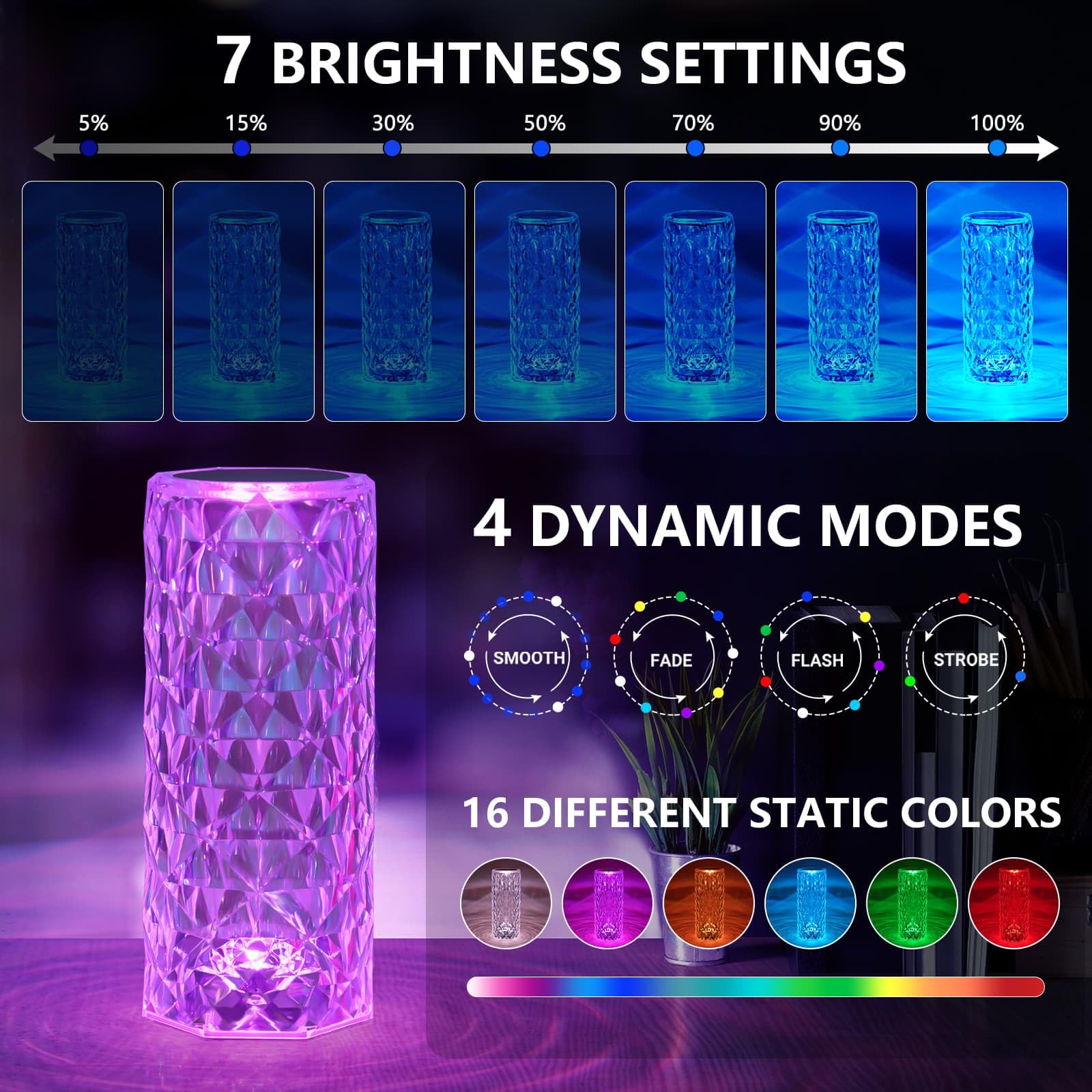 ZsIturey 16 RGD Color Changing Crystals Small Table Lamp Rose Diamond Touch Lamp Romantic Dimmable LED Night Light Festive Atmosphere Light USB Charging Night Light, Bedroom, Dining, Party, Bar