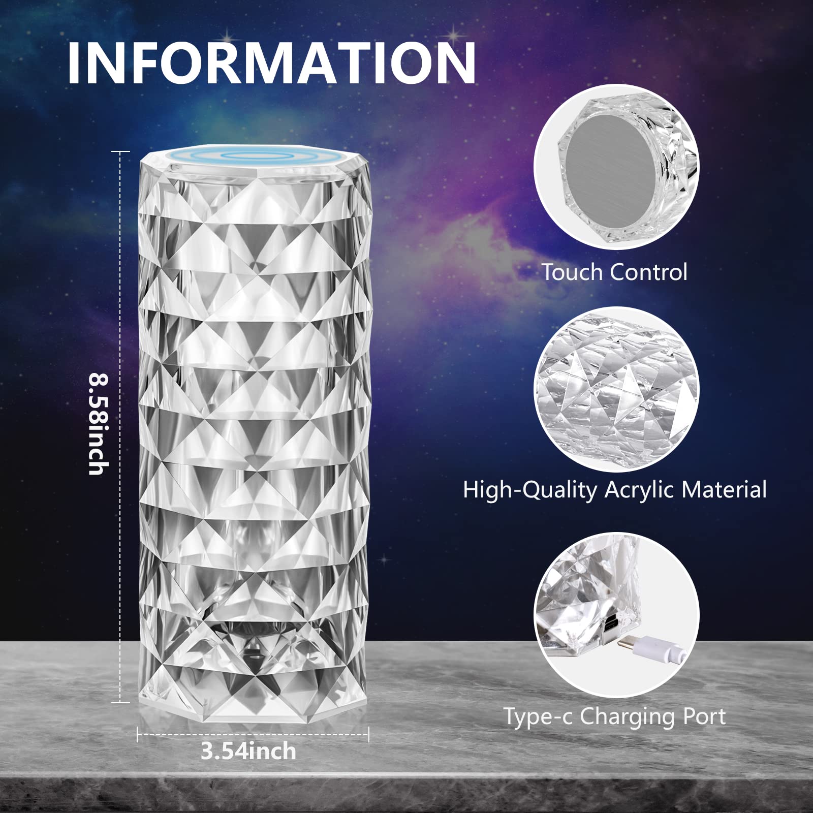 ZsIturey 16 RGD Color Changing Crystals Small Table Lamp Rose Diamond Touch Lamp Romantic Dimmable LED Night Light Festive Atmosphere Light USB Charging Night Light, Bedroom, Dining, Party, Bar