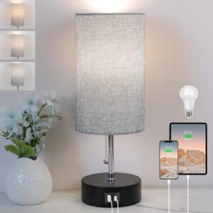 3-color temperature bedside lamp nightstand lamp with usb a port and c port, table lamp for bedroom with led bulb small lamps for living room (gray)