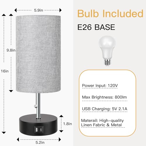 3-Color Temperature Bedside Lamp Nightstand Lamp with USB A Port and C Port, Table Lamp for Bedroom with LED Bulb Small Lamps for Living Room (Gray)