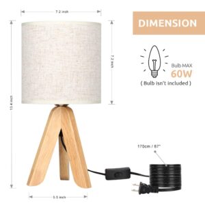 HAITRAL Small Bedside Table Lamp - Wooden Tripod Nightstand Lamp for Bedroom, Living Room, Office, Home with Fabric Linen Shade - 13.4 Inches (Without Bulb)