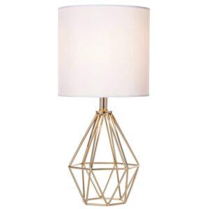 cotulin gold modern hollow out base bedroom small table lamp,bedside nightstand lamp with geometric metal base white fabric shade,cute desk lamp for kids living room