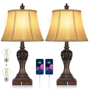 set of 2 touch control 3-way dimmable table lamps with 2 usb charging ports traditional bedside lamps with bell shape faux silk shade & brown base for bedroom nightstand living room led bulbs included