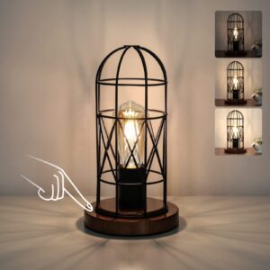 touch control table lamp, industrial bedside lamp with 3 way dimmable small nightstand lamp vintage metal cage table lamp for bedroom, kitchen