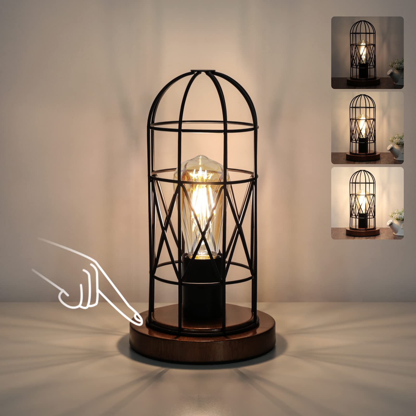 Touch Control Table Lamp, Industrial Bedside Lamp with 3 Way Dimmable Small Nightstand Lamp Vintage Metal Cage Table Lamp for Bedroom, Kitchen