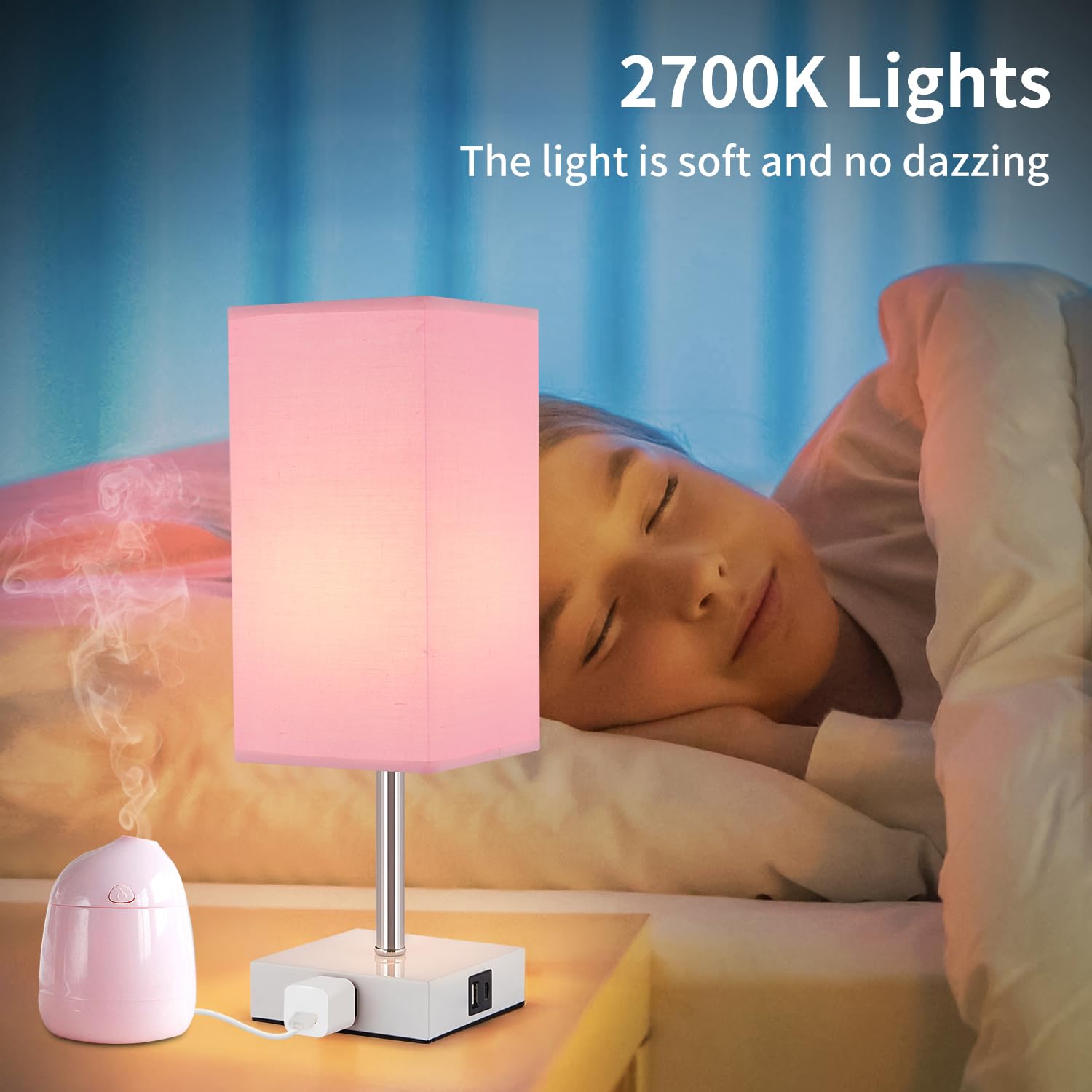 Woderdeng Touch Control Bedside Lamp - 3-Way Dimmable Table Lamps with USB C+A Port and Outlet, Nightstand Lamp for Bedroom Decor and Living Room,Pink