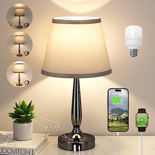 Kakanuo Touch Table Lamp for Bedroom, Small Bedside Lamp with USB C Charging Port, 3 Way Dimmable Touch Control Nightstand Lamp for Living Room and Office, LED Bulb Included