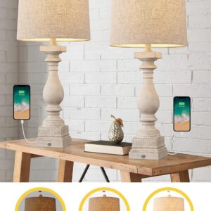 BOBOMOMO 27" Farmhouse 3-Way Dimmable Touch Control Table Lamp Set of 2 with USB A &USB C Charging Ports for Bedroom Living Room Vintage Rustic Traditional Nightstand Bedside Lamps (2 Bulbs Included)