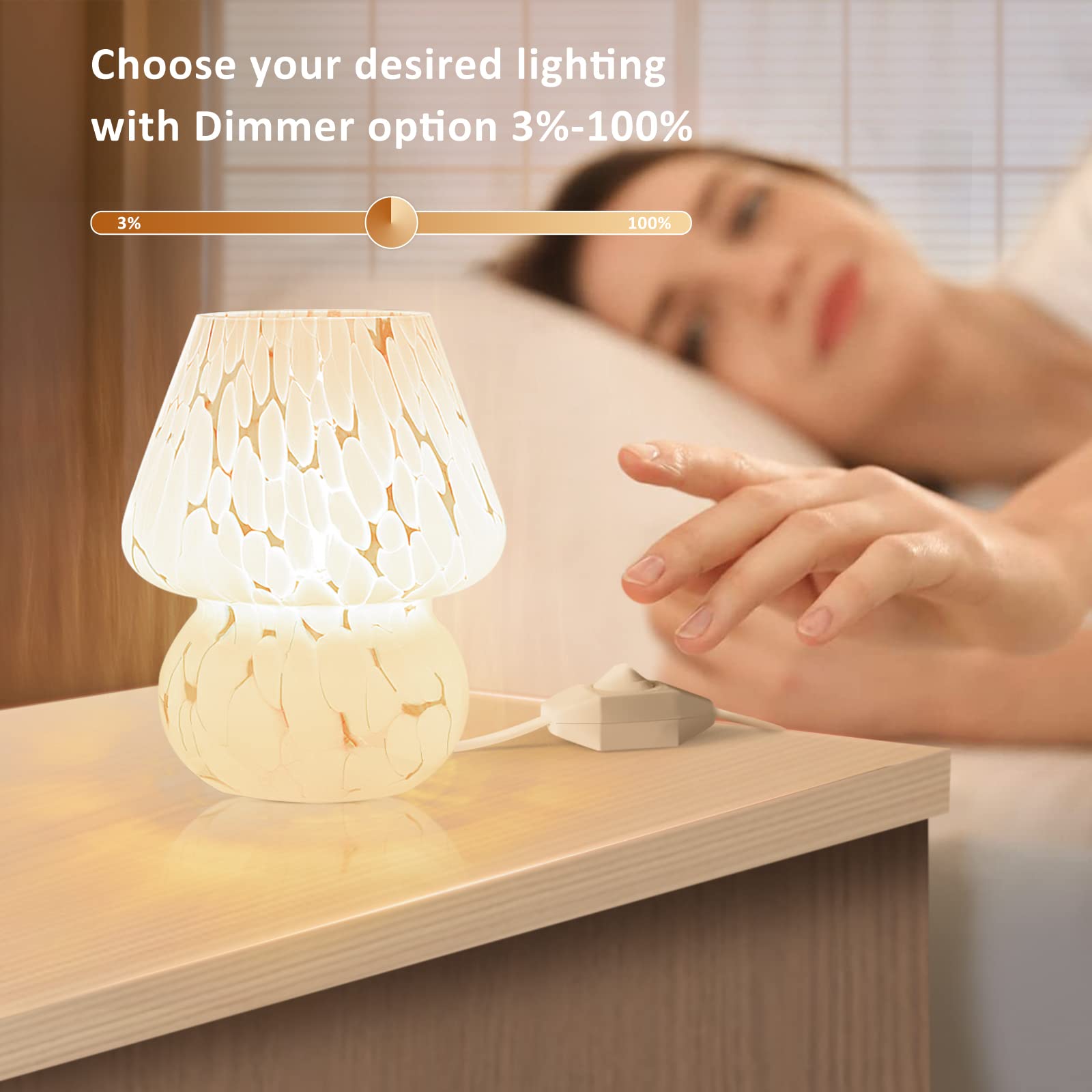 ONEWISH Mushroom Lamp Small Bedside Table Lamp-Nightstand Nightlight Dimmable Stepless, Translucent Glass White Desk Lamp for Bedroom Dorm Living Kitchen, Murano Style Aesthetic Cute Home Decor Gift