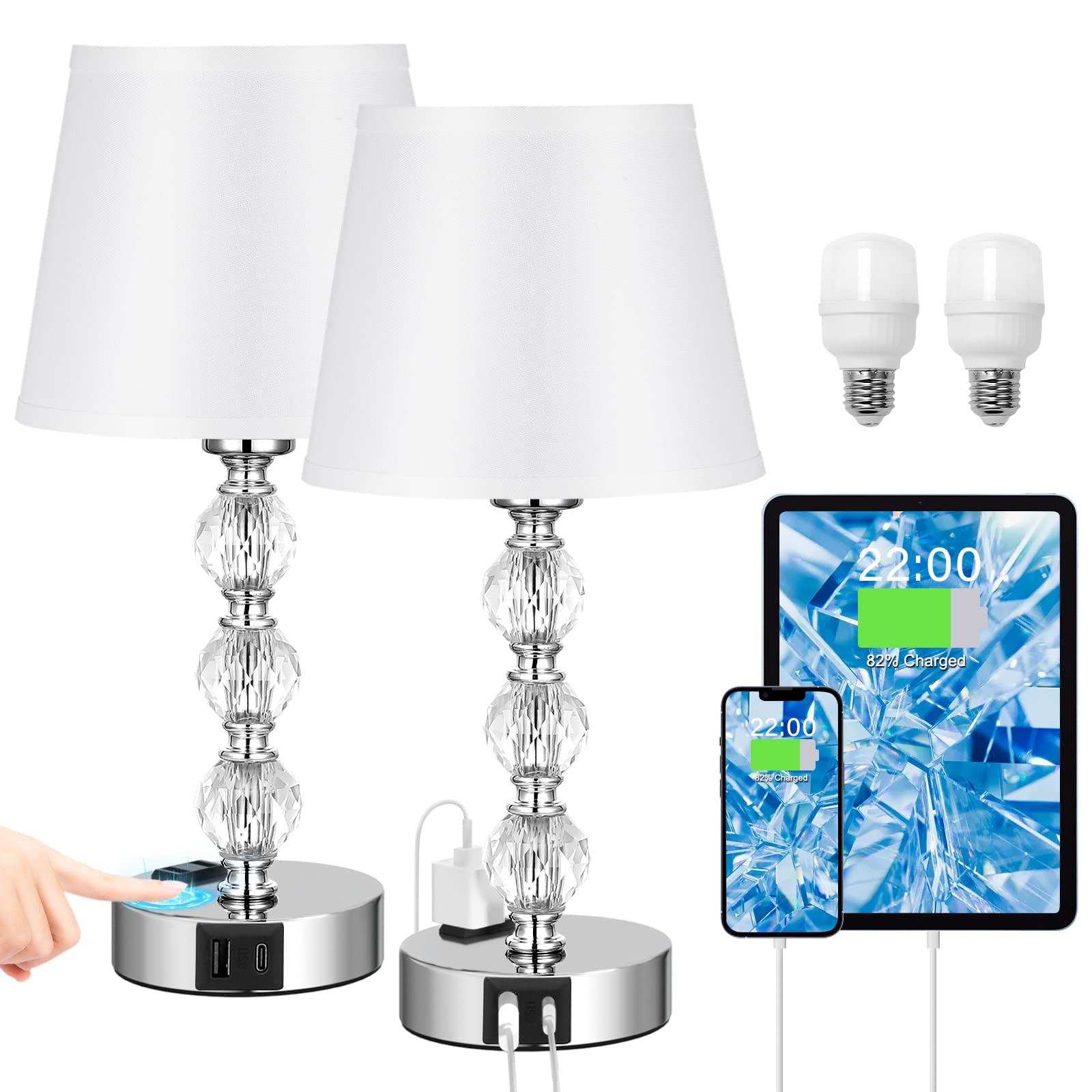 Bedside Lamps for Bedrooms Set of 2 - Crystal Nightstand Bedroom Lamp with Two USB Charging Port, 3 Way Dimmable Touch Small Bed Side Table Lamp, Silver Night Stand Light for Living/Guest/Dinning Room