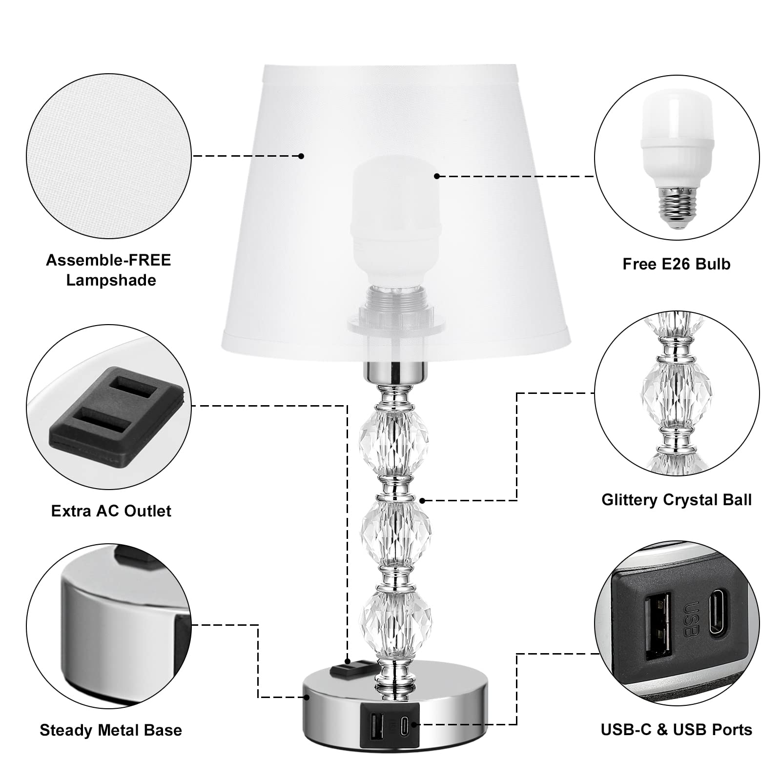 Bedside Lamps for Bedrooms Set of 2 - Crystal Nightstand Bedroom Lamp with Two USB Charging Port, 3 Way Dimmable Touch Small Bed Side Table Lamp, Silver Night Stand Light for Living/Guest/Dinning Room