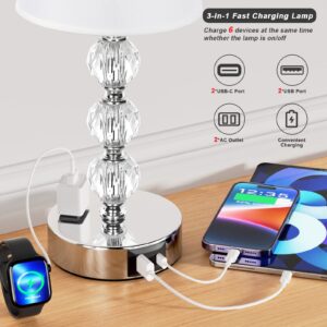 Bedside Lamps for Bedrooms Set of 2 - Crystal Nightstand Bedroom Lamp with Two USB Charging Port, 3 Way Dimmable Touch Small Bed Side Table Lamp, Silver Night Stand Light for Living/Guest/Dinning Room