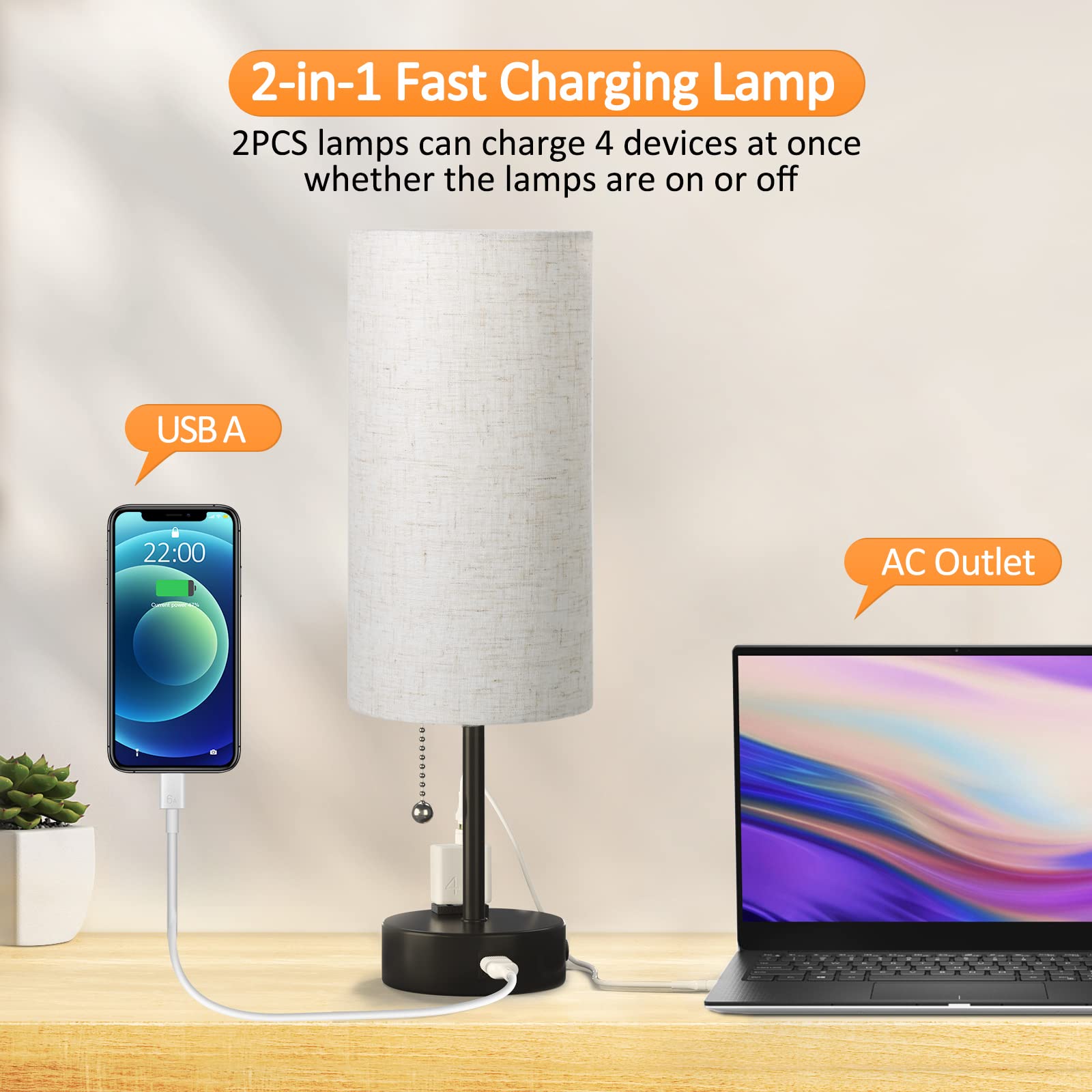 Small Bedside Table Lamp with 3 Color Temperatures, Kids Mini Bedside Lamp, Pull Chain Nightstand End Table Lamp with USB Port & AC Outlet for Bedroom Guestroom Livingroom Dorm, Beige, 1 Pack