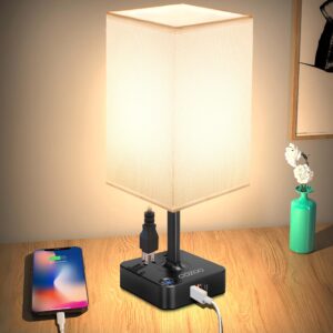 table lamp dimmable cozoo usb bedside table desk lamp with 3 usb charging port(a+c) 2 outlet,nightstand lamp with charger base white fabric shade,led touch lamp for bedroom/livingroom/dorm/home office