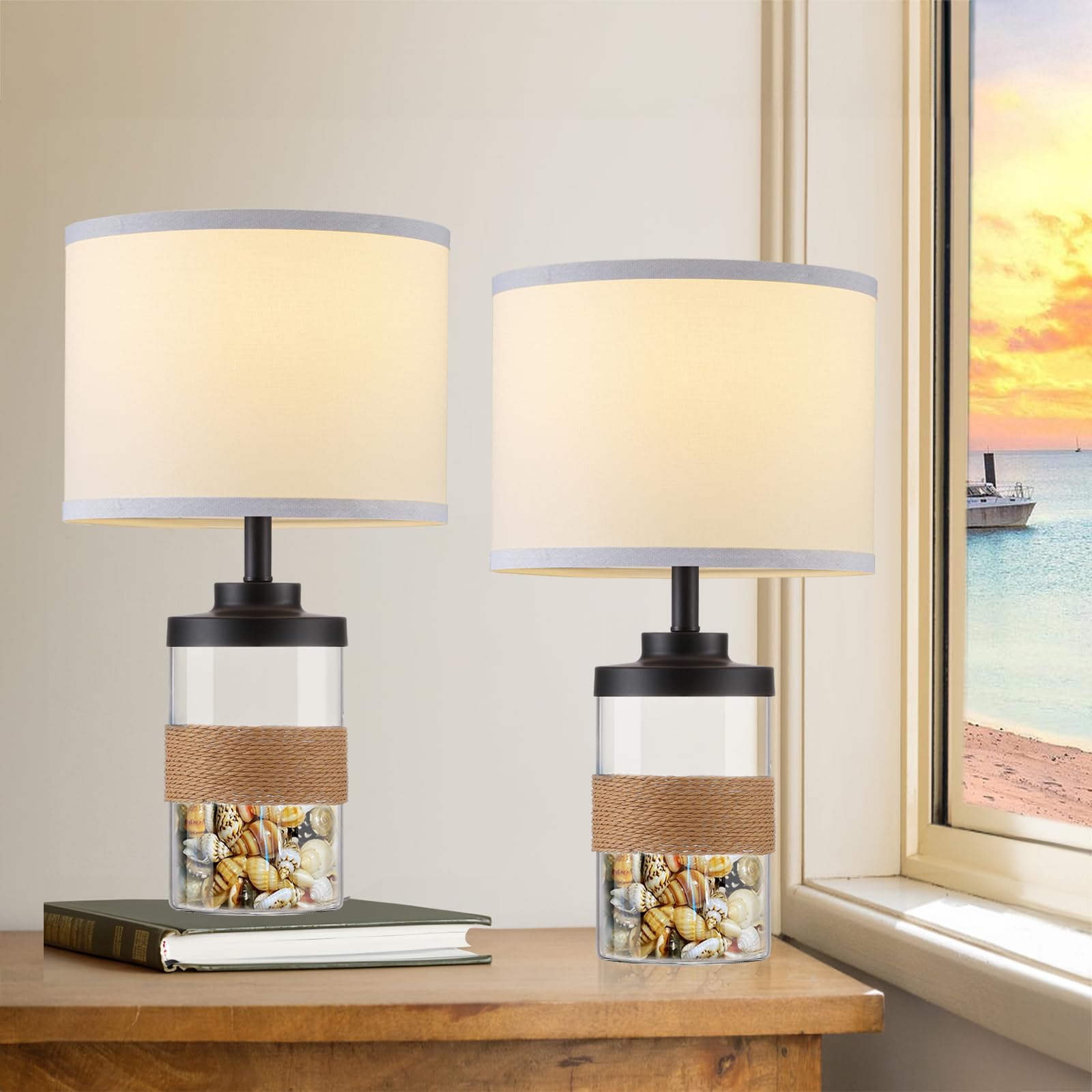 Sheetea Glass Table Lamps for Bedroom Set of 2, Fillable Modern Rattan Lamps for Living Room with White Lampshades, Coastal Bedside Nightstand Lamps for Reading Home Decor(Shell not Included)