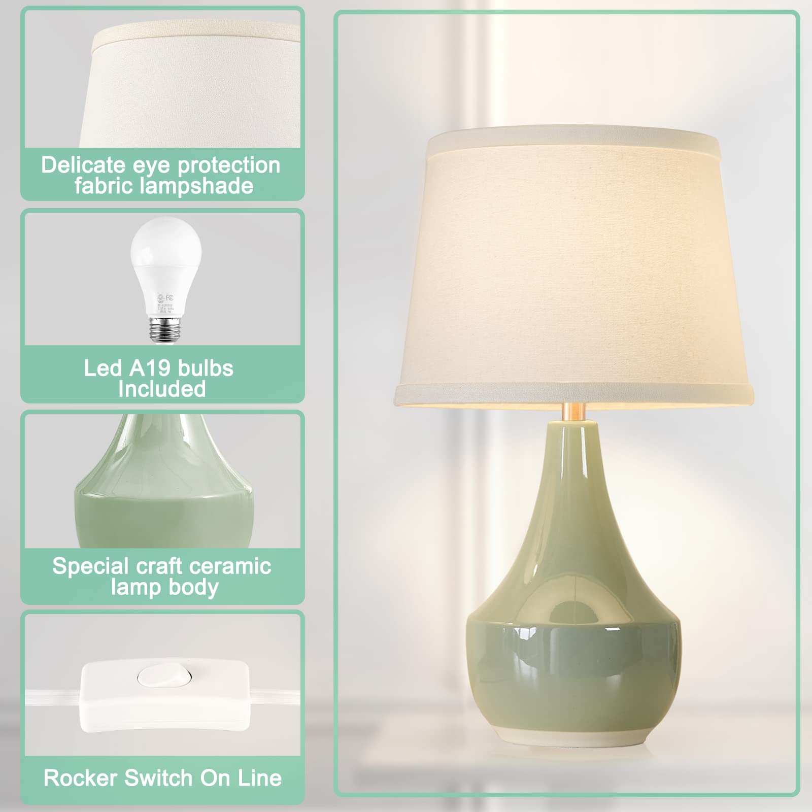 GyroVu Table Lamp Set of 2, 18.63” Ceramic Table Lamp Classic Beside Lamps Nightstand Lamp Modern Table Lamp for Living Room, Bedroom & Office Rocker Swtich Sage Green-LED Bulbs Included