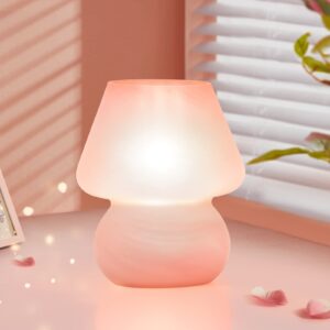 onewish mushroom lamp cute table lamp for bedroom nightstand soft light pink, small glass nightlight stepless dimmable desk lamp for dining, living, nursery, vanity, home decor gift for girls women