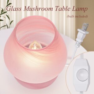 ONEWISH Mushroom Lamp Cute Table Lamp for Bedroom Nightstand Soft Light Pink, Small Glass Nightlight Stepless Dimmable Desk Lamp for Dining, Living, Nursery, Vanity, Home Decor Gift for Girls Women