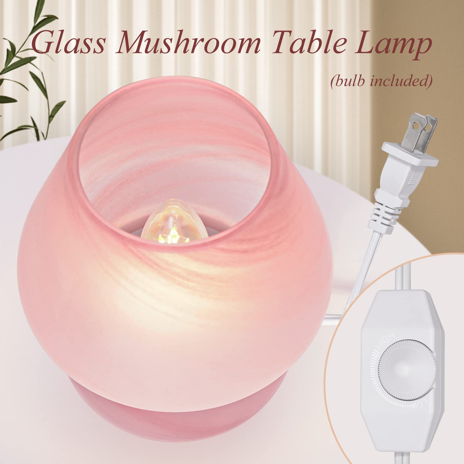 ONEWISH Mushroom Lamp Cute Table Lamp for Bedroom Nightstand Soft Light Pink, Small Glass Nightlight Stepless Dimmable Desk Lamp for Dining, Living, Nursery, Vanity, Home Decor Gift for Girls Women