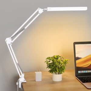 TROPICALTREE LED Desk Lamp, Swing Arm Desk Light with Clamp, 3 Lighting 10 Brightness Eye-Caring Modes, Reading Desk Lamps for Home Office 360°Spin with USB Adapter & Memory Function white-14W