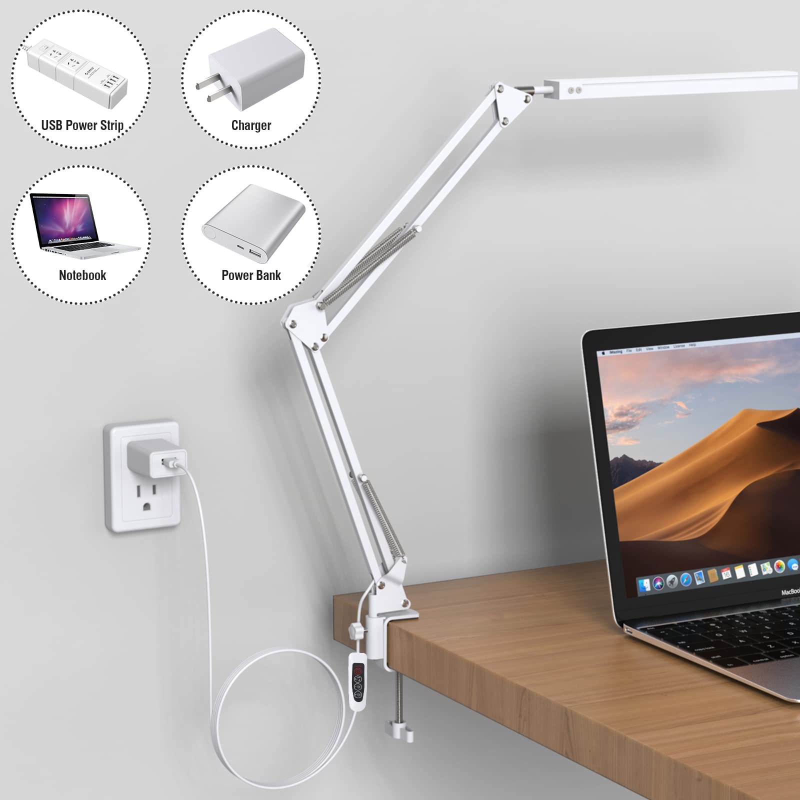 TROPICALTREE LED Desk Lamp, Swing Arm Desk Light with Clamp, 3 Lighting 10 Brightness Eye-Caring Modes, Reading Desk Lamps for Home Office 360°Spin with USB Adapter & Memory Function white-14W