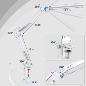 TROPICALTREE LED Desk Lamp, Swing Arm Desk Light with Clamp, 3 Lighting 10 Brightness Eye-Caring Modes, Reading Desk Lamps for Home Office 360°Spin with USB Adapter & Memory Function white-14W