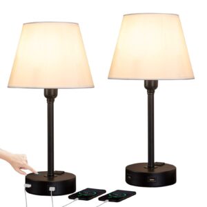 zeefo touch control table lamp built in dual usb ports & ac outlet, white fabric shade 3 way dimmable usb nightstand lamp bedside lamps for bedroom, living room (2 pack)