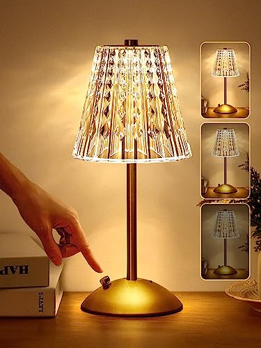 One Fire Table Lamps, Dimmable Crystal Table Lamp 3 Colors LED Gold Lamp,Touch Lamp Diamond Crystal Lamp, Rechargeable Small Lamp, Cordless Lamp Vintage Lamp for Bedroom Living Room Bathroom Hotel Bar