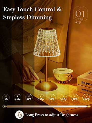 One Fire Table Lamps, Dimmable Crystal Table Lamp 3 Colors LED Gold Lamp,Touch Lamp Diamond Crystal Lamp, Rechargeable Small Lamp, Cordless Lamp Vintage Lamp for Bedroom Living Room Bathroom Hotel Bar